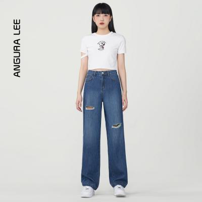 春夏新款經(jīng)典水洗復古藍割爛女裝高腰直筒褲