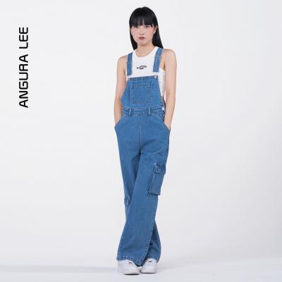 春夏經(jīng)典水洗中藍女裝牛仔高腰背帶直筒闊腿