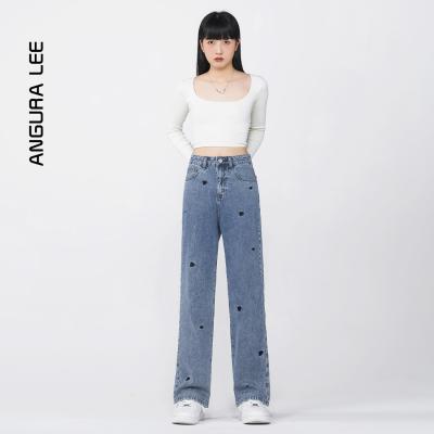 春夏新款經(jīng)典水洗中藍愛心女裝直筒褲